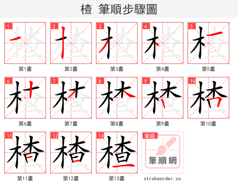 楂 的笔顺分步演示