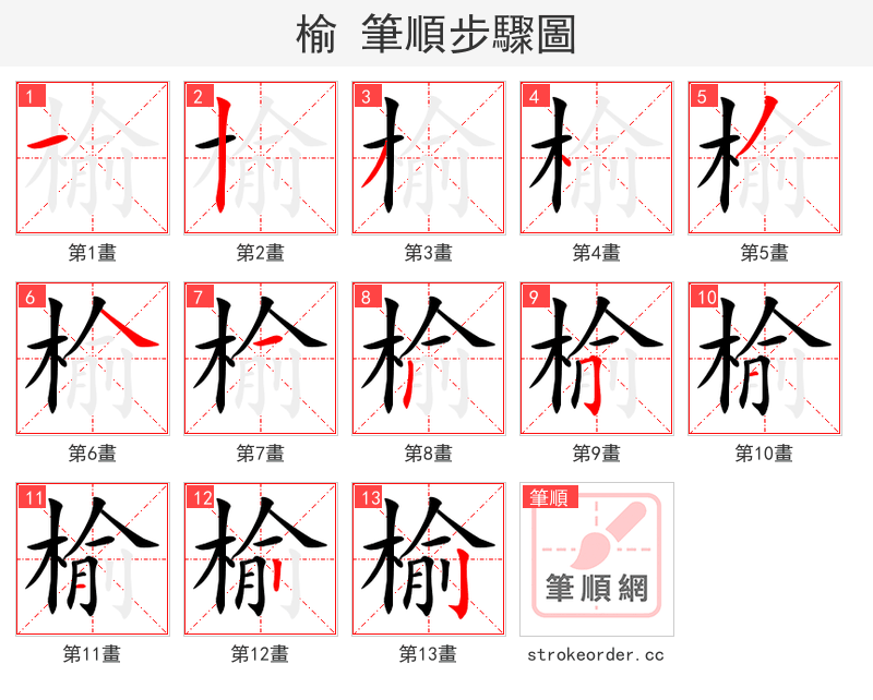 榆 的笔顺分步演示