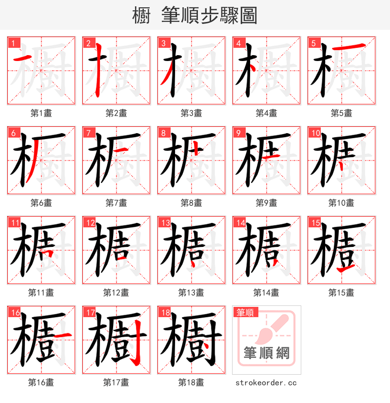櫉 的笔顺分步演示