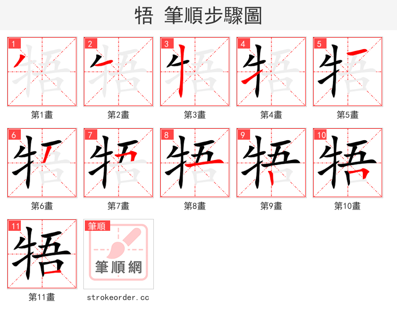 牾 的笔顺分步演示