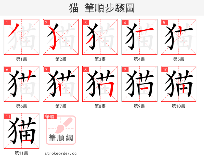 猫 的笔顺分步演示