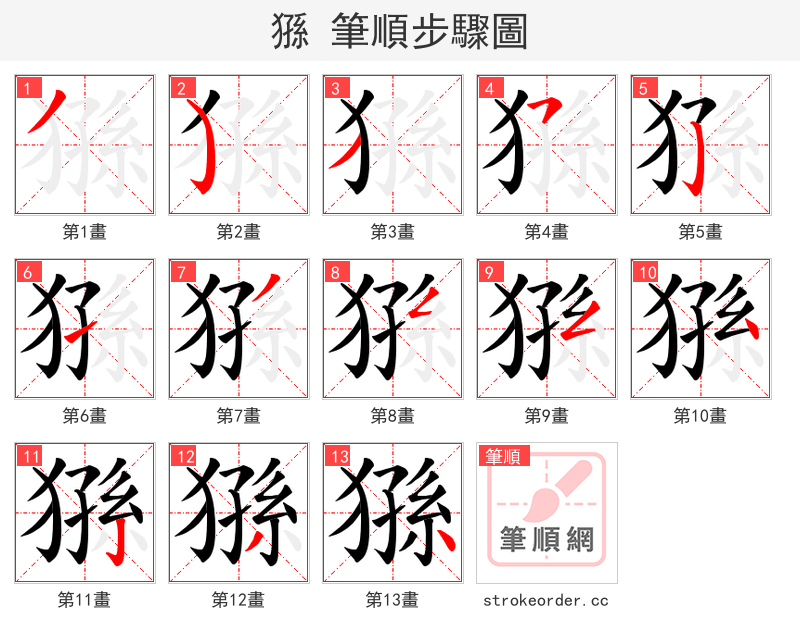 猻 的笔顺分步演示