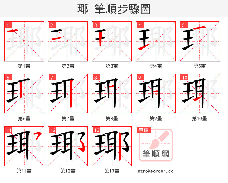 瑘 的笔顺分步演示