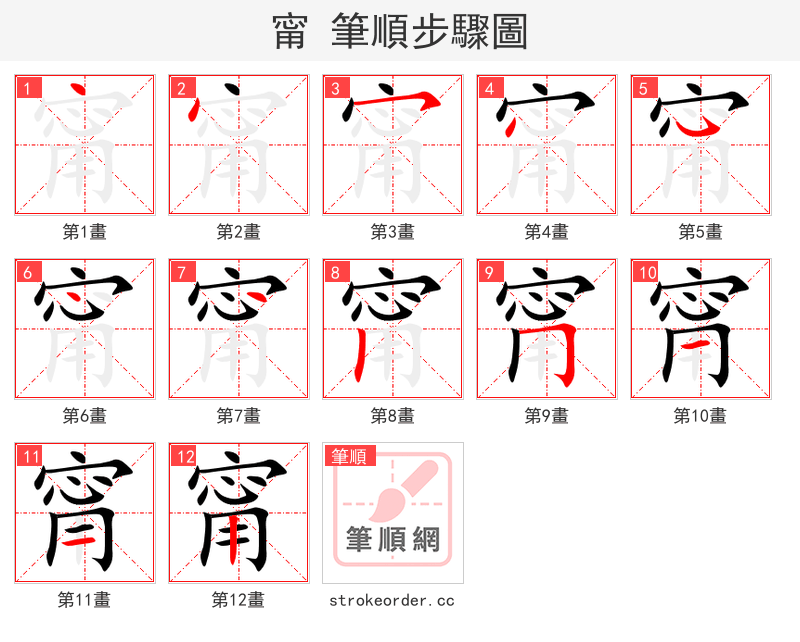 甯 的笔顺分步演示
