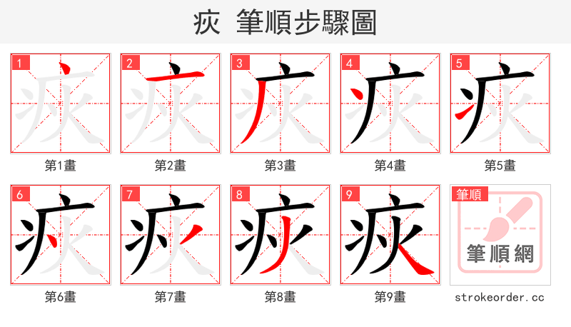 疢 的笔顺分步演示
