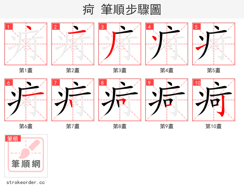 疴 的笔顺分步演示