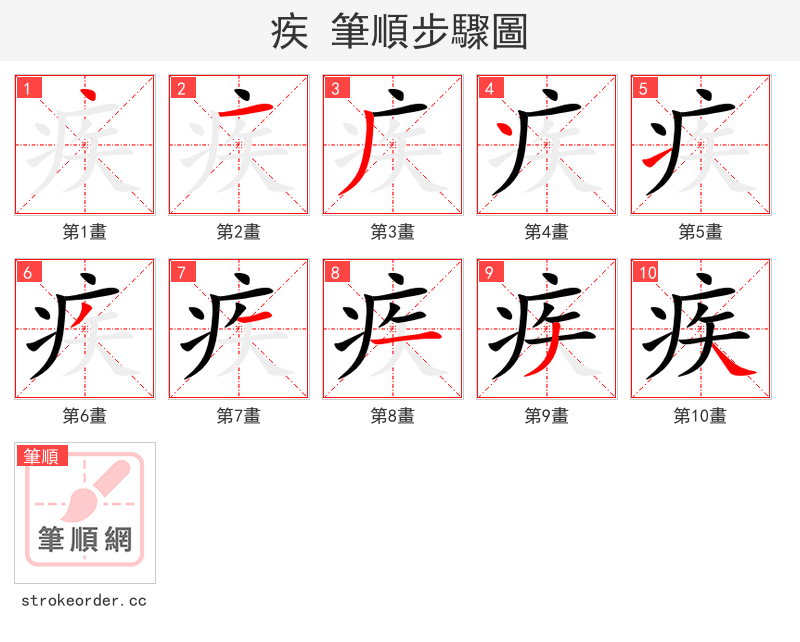 疾 的笔顺分步演示