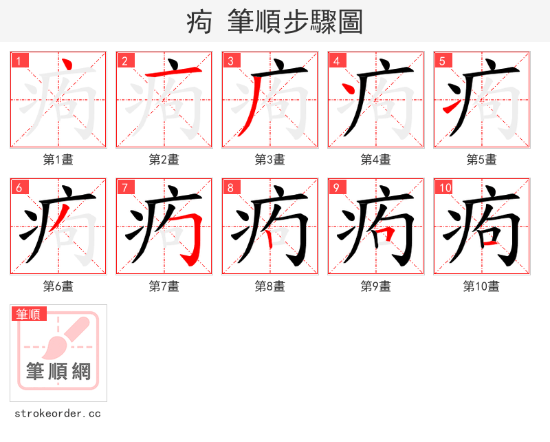痀 的笔顺分步演示