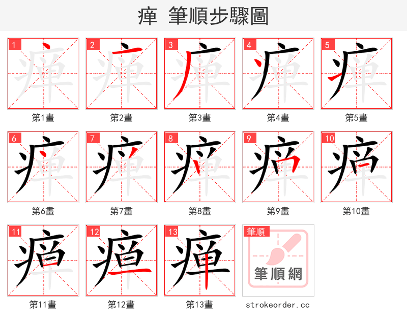 瘅 的笔顺分步演示