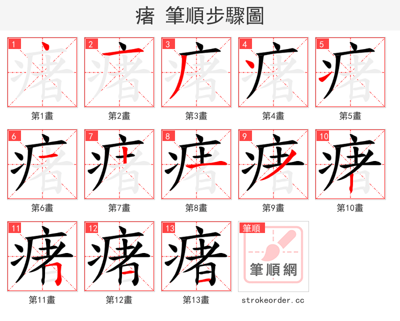瘏 的笔顺分步演示