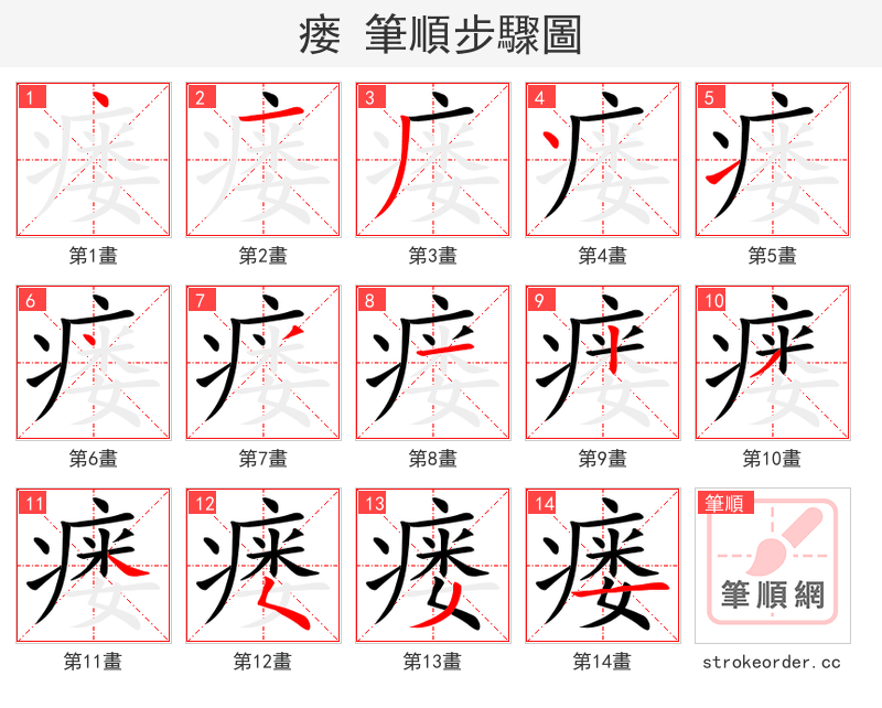 瘘 的笔顺分步演示
