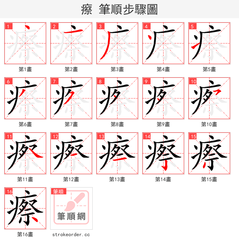 瘵 的笔顺分步演示