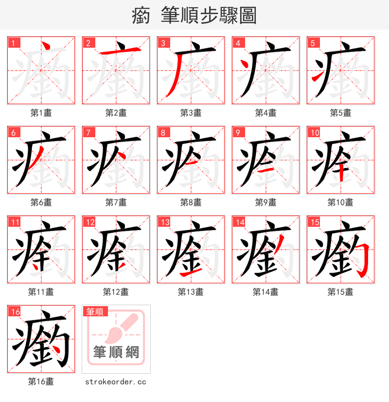 瘹 的笔顺分步演示