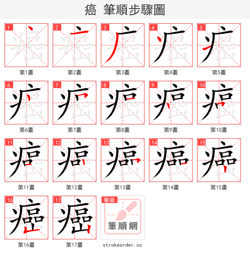癌 的笔顺分步演示