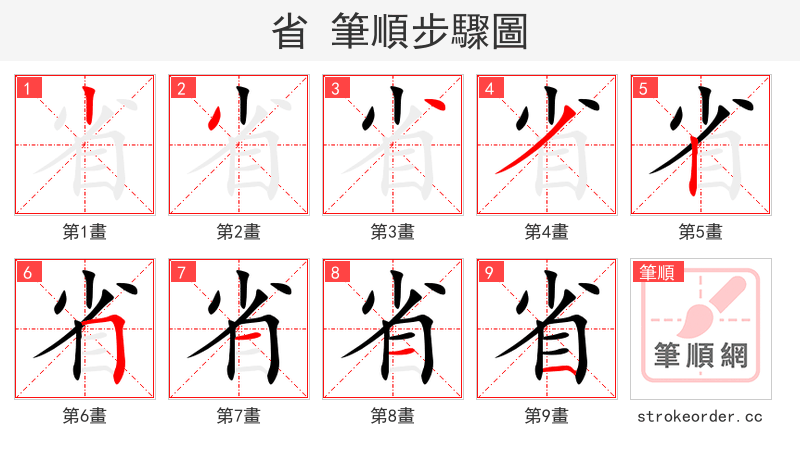 省 的笔顺分步演示