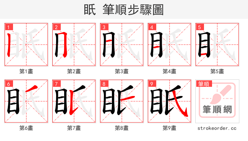 眂 的笔顺分步演示