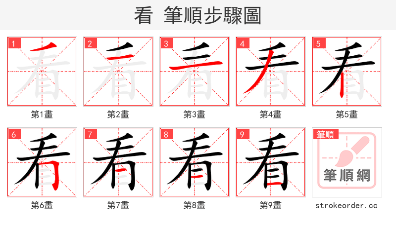 看 的笔顺分步演示