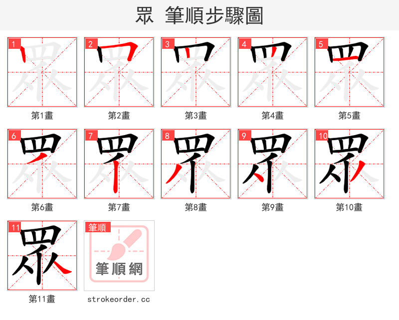 眾 的笔顺分步演示