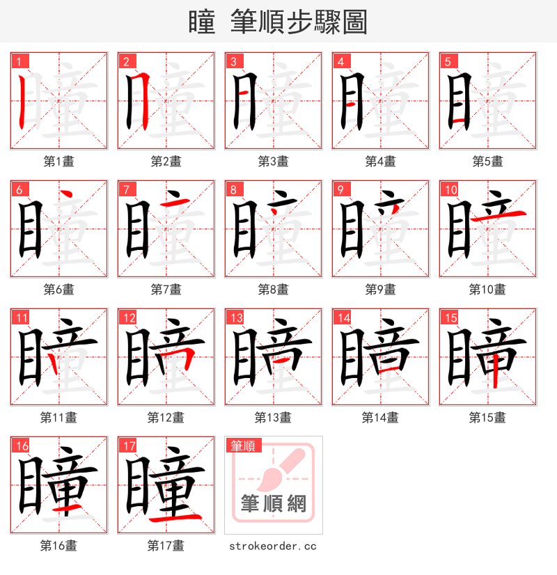 瞳 的笔顺分步演示