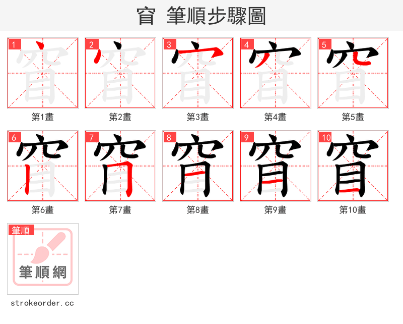 窅 的笔顺分步演示