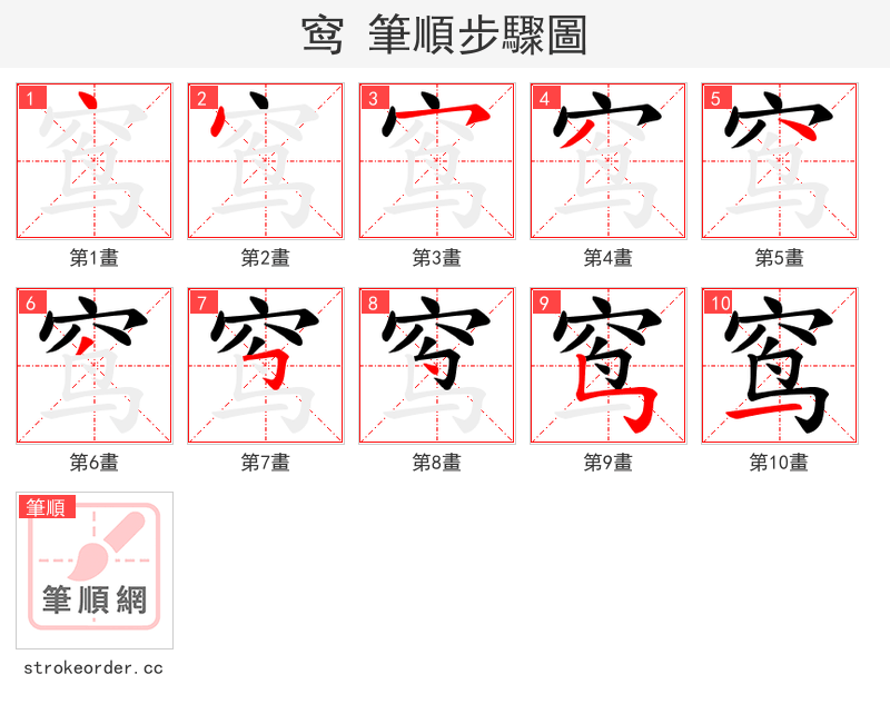 窎 的笔顺分步演示