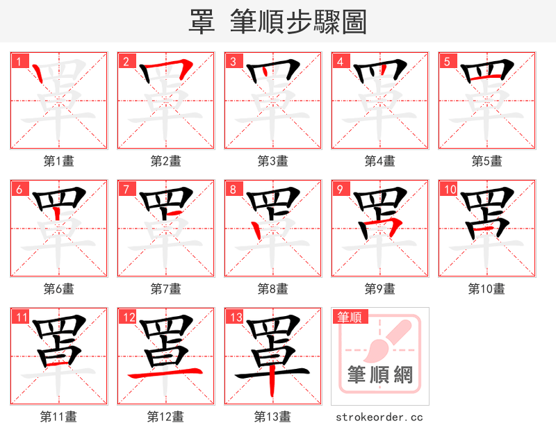 罩 的笔顺分步演示