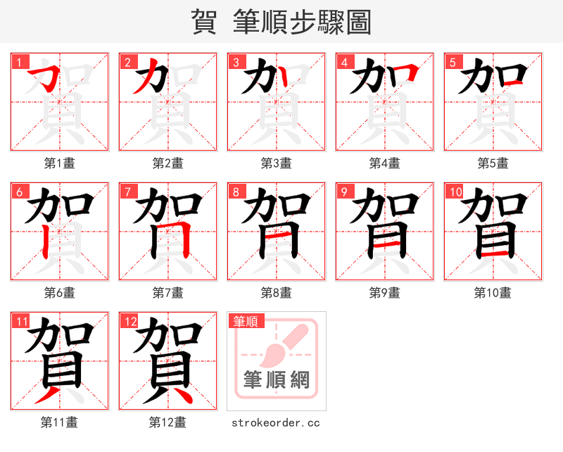 賀 的笔顺分步演示