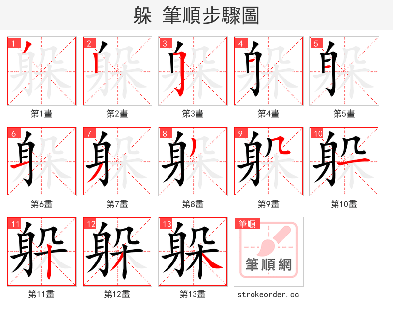 躲 的笔顺分步演示