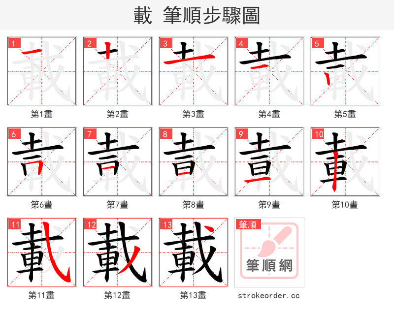 載 的笔顺分步演示