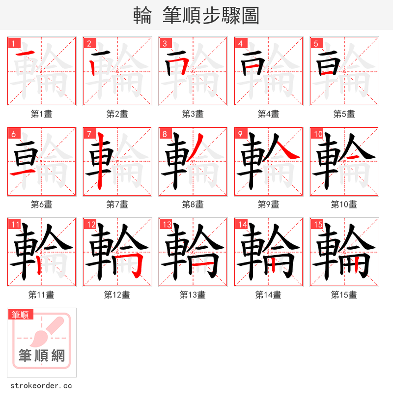 輪 的笔顺分步演示
