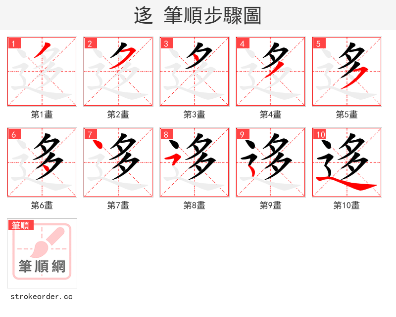 迻 的笔顺分步演示