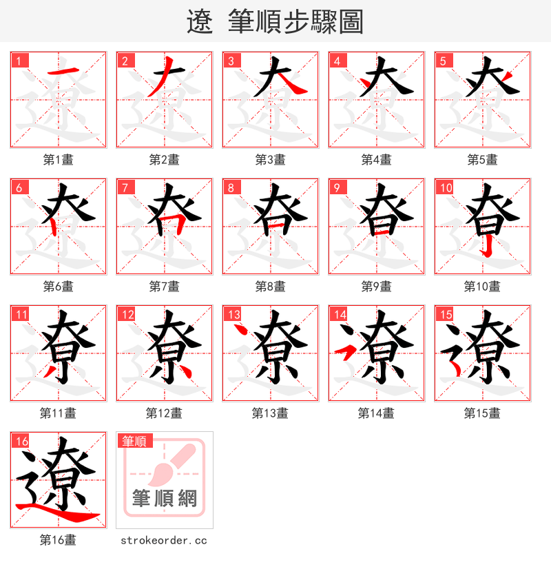 遼 的笔顺分步演示