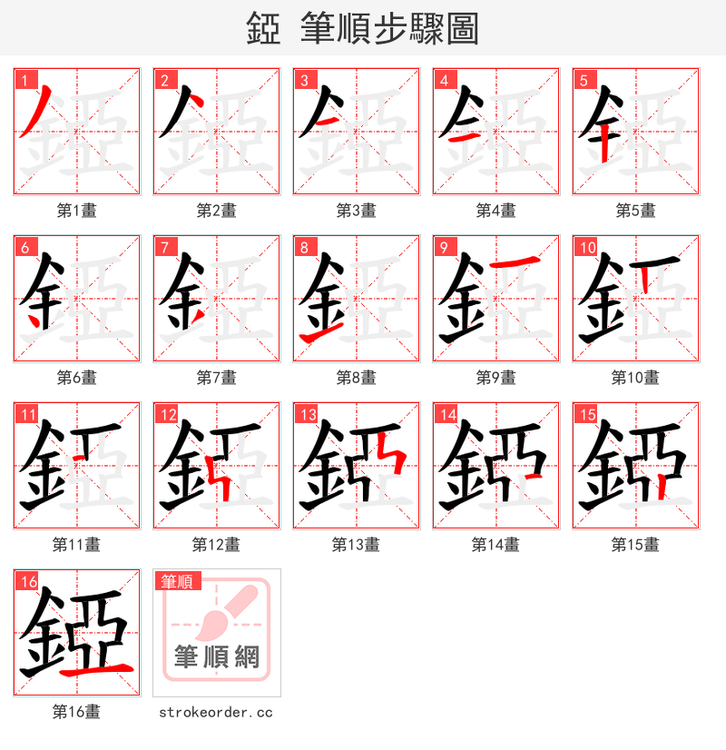 錏 的笔顺分步演示