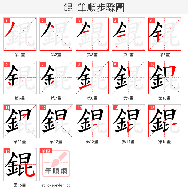 錕 的笔顺分步演示