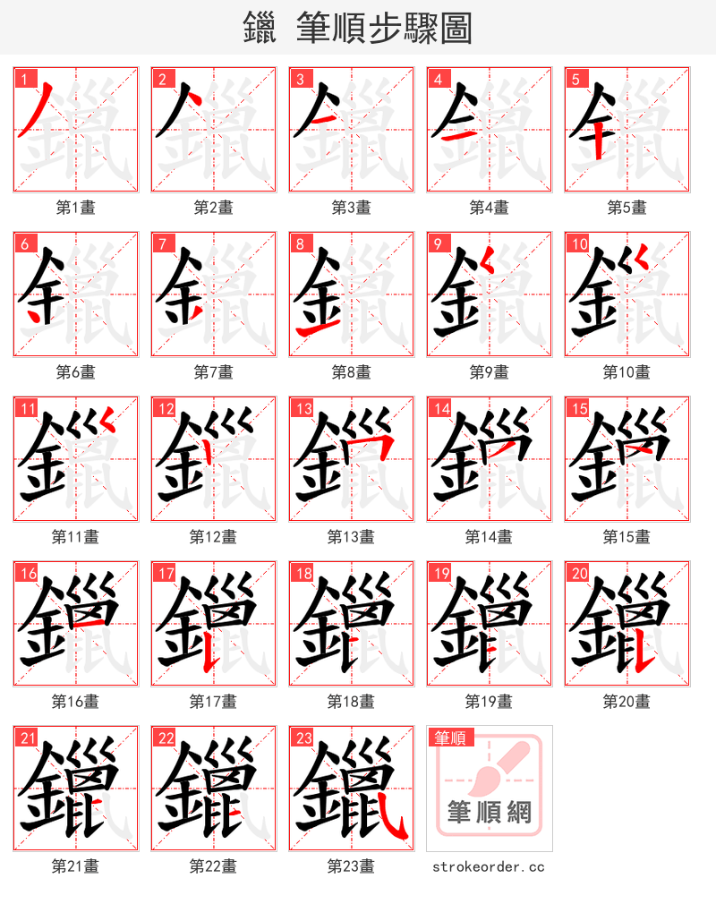 鑞 的笔顺分步演示