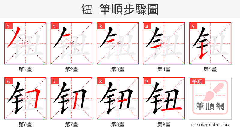 钮 的笔顺分步演示