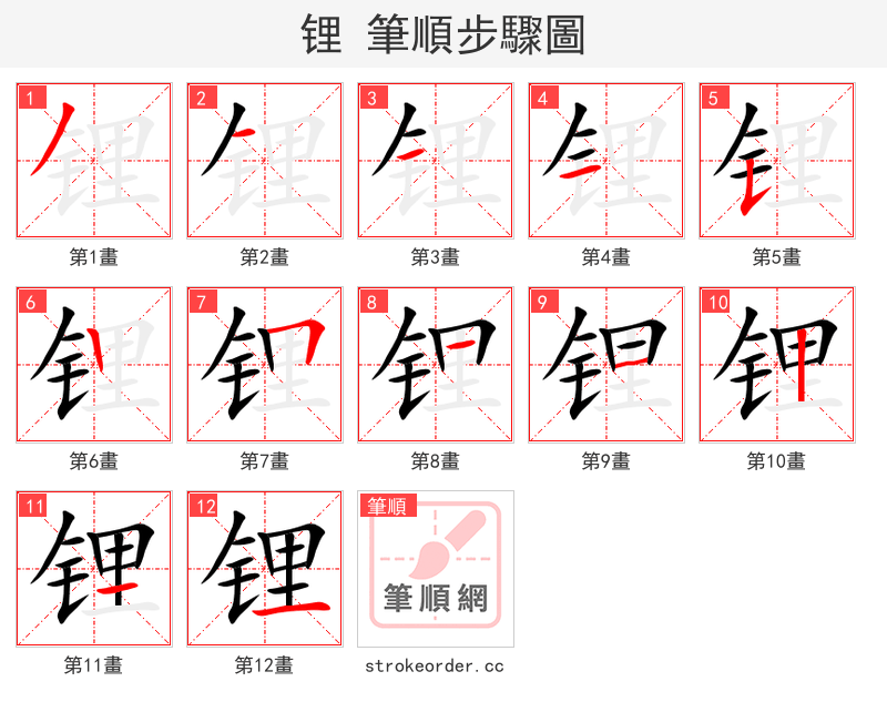 锂 的笔顺分步演示