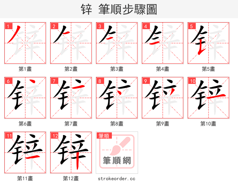 锌 的笔顺分步演示