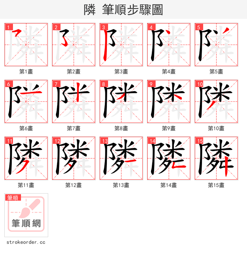 隣 的笔顺分步演示