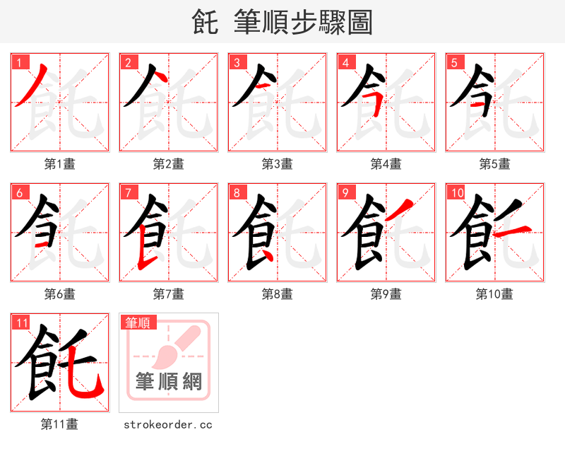 飥 的笔顺分步演示