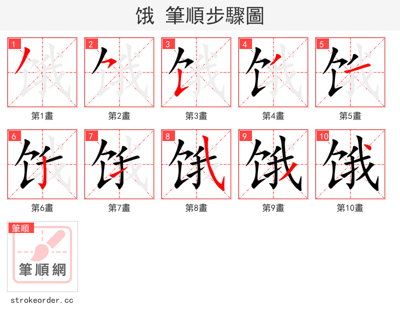 饿 的笔顺分步演示