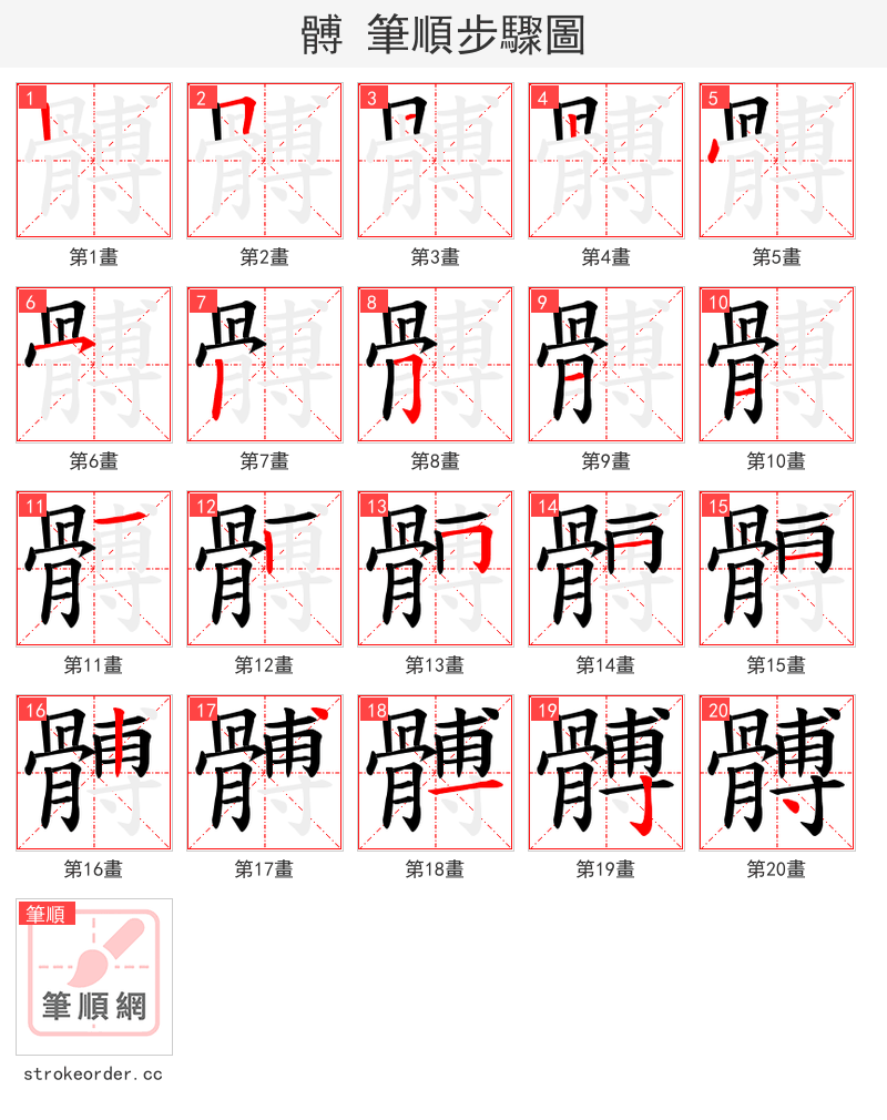 髆 的笔顺分步演示