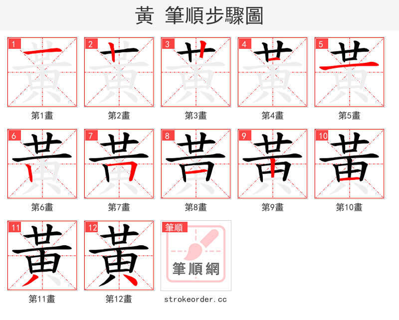 黃 的笔顺分步演示