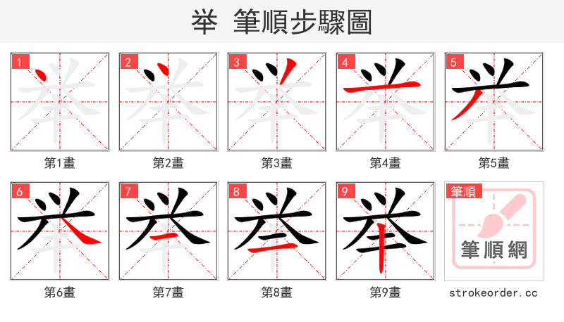 举 的笔顺分步演示（一笔一画写字）