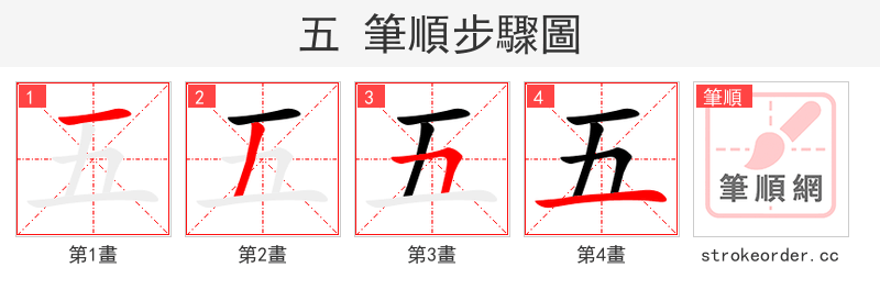 五 的笔顺分步演示（一笔一画写字）