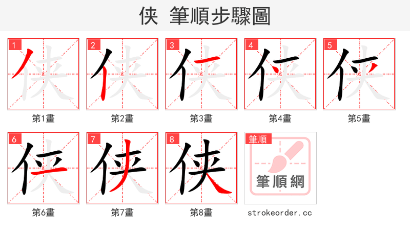 侠 的笔顺分步演示（一笔一画写字）