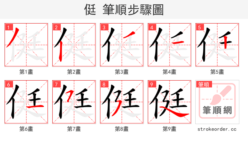 侹 的笔顺分步演示（一笔一画写字）
