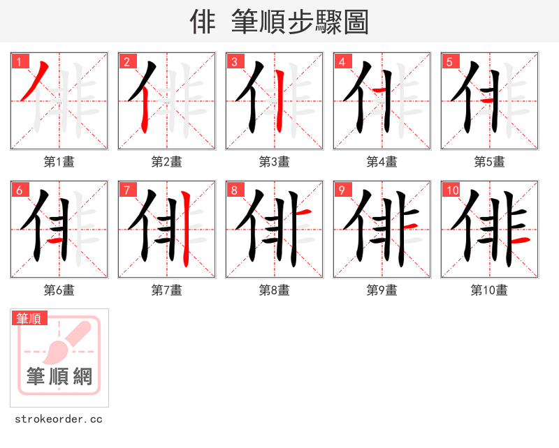 俳 的笔顺分步演示（一笔一画写字）