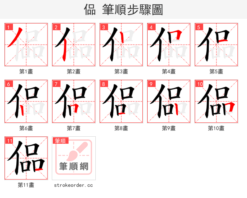 偘 的笔顺分步演示（一笔一画写字）