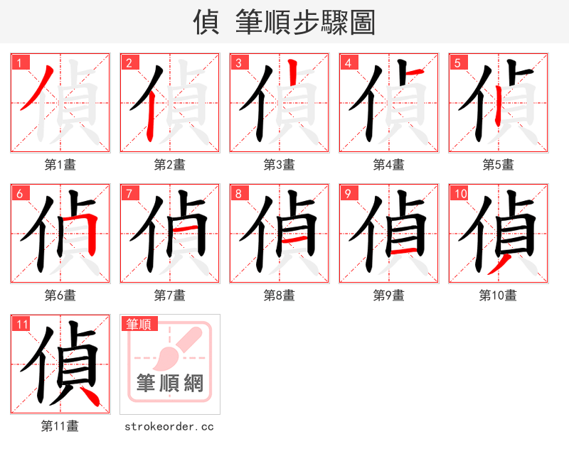偵 的笔顺分步演示（一笔一画写字）